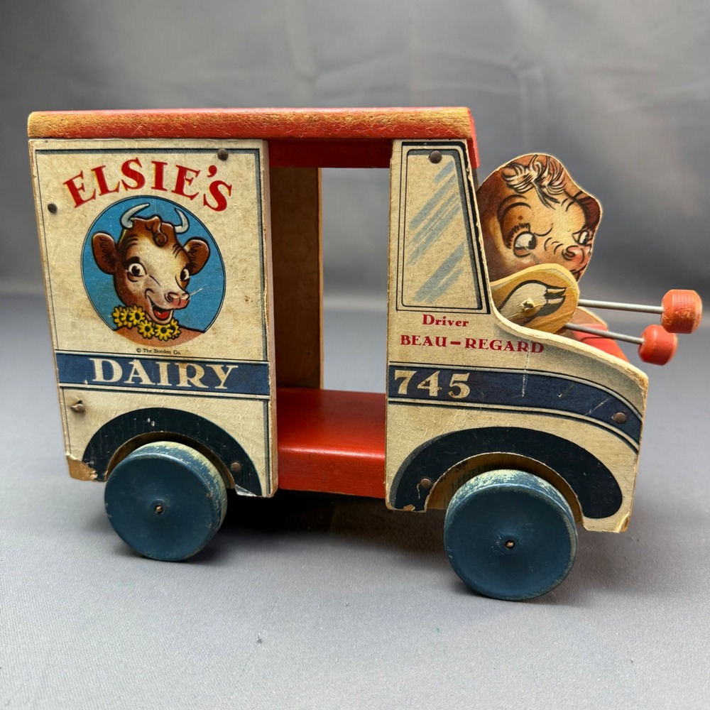 Vintage Fisher Price Elsie's Dairy Truck 745 Beau-Regard Wood Pull Toy 1948